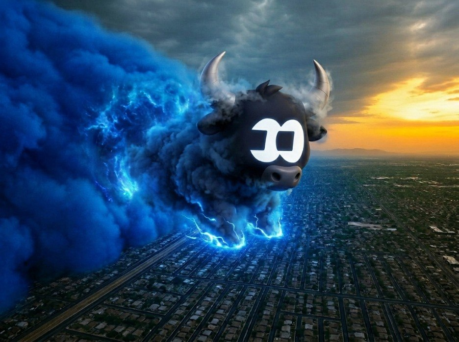 The Fomo Bull as a storm over the city